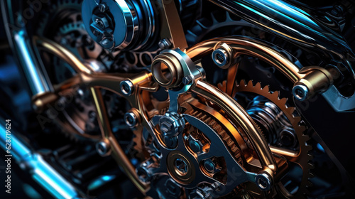 Close-up of metallic gears and auto parts. A stunning macro photograph of automotive gears, showcasing their metallic texture and precision, artfully lit with dramatic contrasting lights