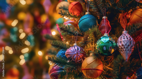 A close-up of the dazzling Christmas tree ornaments, each one reflecting the soft glow of fairy lights, while colorful stockings hang nearby. A Christmas tree with a star and red ornaments