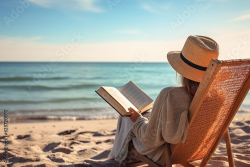 An image of a woman reading a book on a beach - Generative AI © lilyl