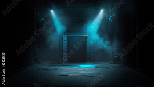 bright studio spotlight in a dark empty stage warehouse space with a smoke rising in a spooky cold atmosphere, ai-generated with open doorway