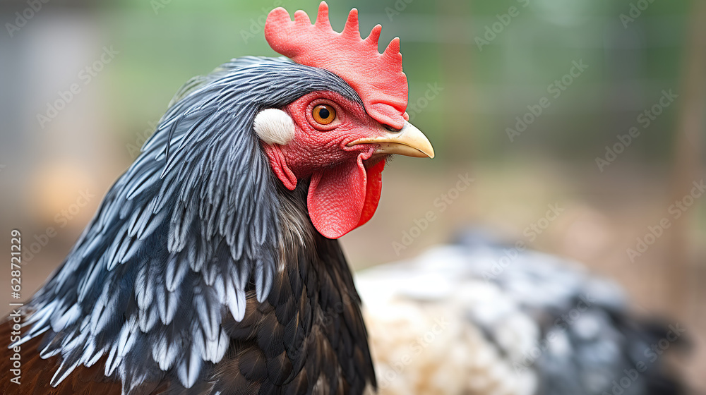 Observe hens feeding in a traditional rural barnyard. A close-up image showcases a chicken in the barnyard. Emphasizing the concept of free-range poultry farming