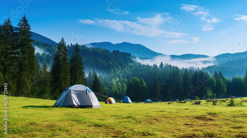 a tourist camp showcases hikers' tents and backpacks at the camping site. Emphasizing an active lifestyle, outdoor activity, vacation, sports, and recreation concept.