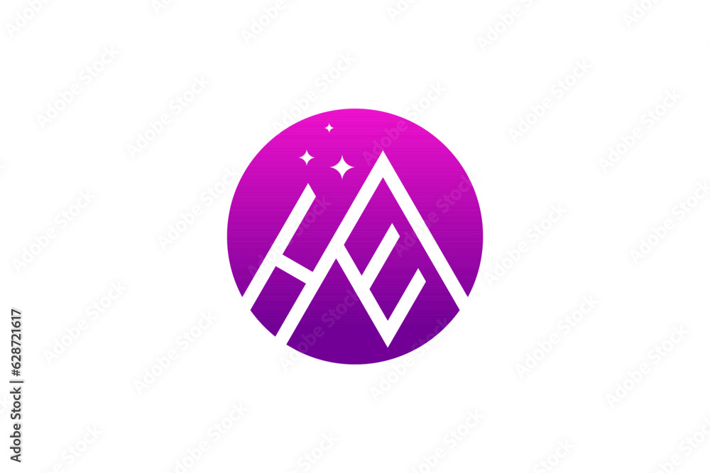 Fairy tale night mountain dream logo design abstract icon symbol H E initial letter Fairy tale night mountain dream logo design abstract icon symbol H E initial letter