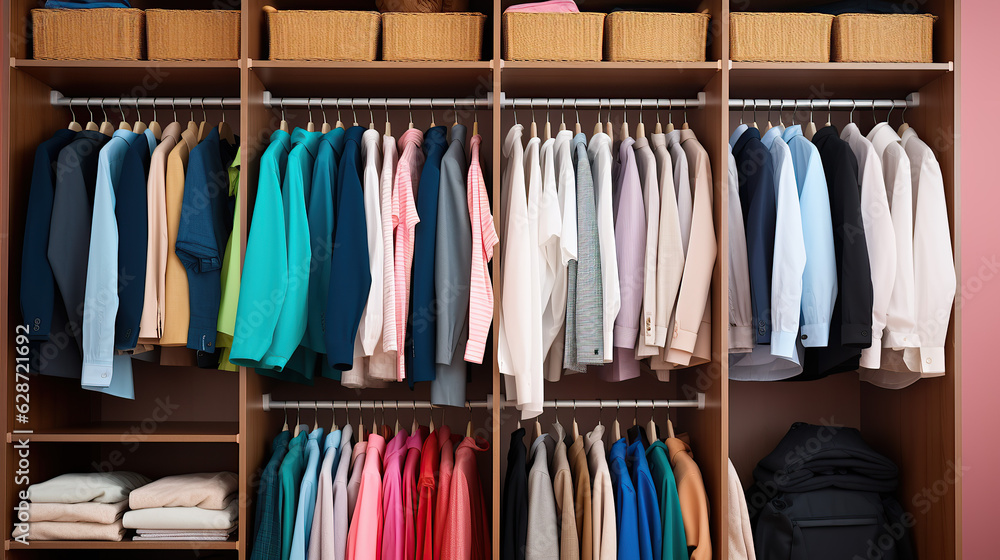 A wardrobe filled with a variety of men's and women's clothes.