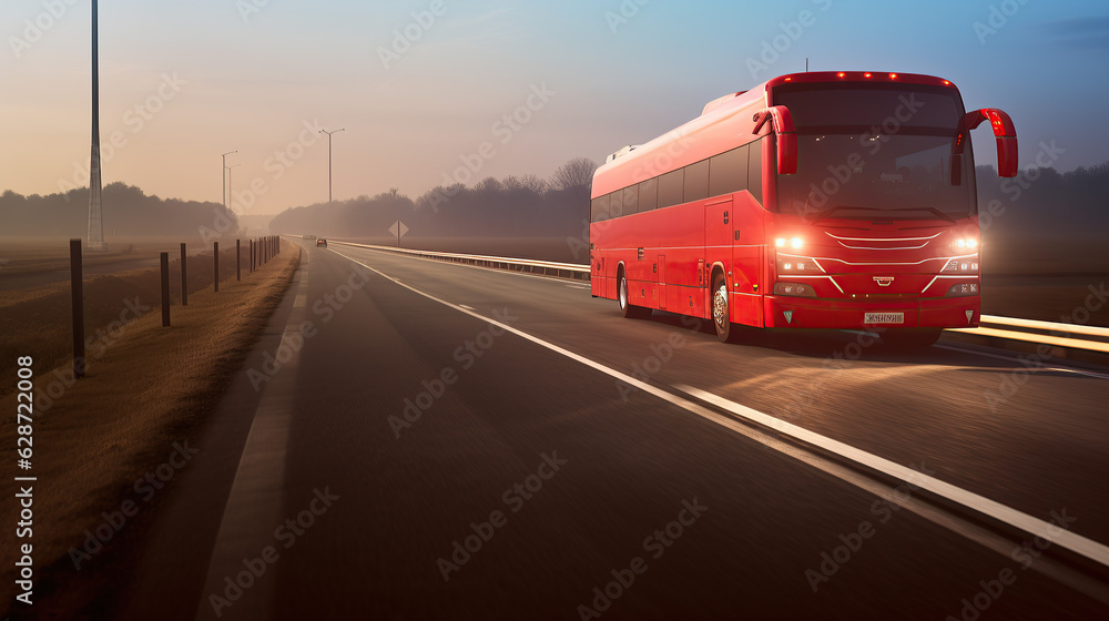 A tourist bus traverses the countryside on an asphalt freeway road during a delightful spring day.