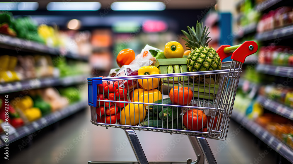 A shopping cart filled with food and drinks, with supermarket shelves in the background, representing the concept of grocery shopping.