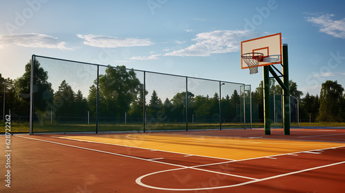Outdoors mini football and basketball court with ball gate and basket surrounded with high protective fence. photo