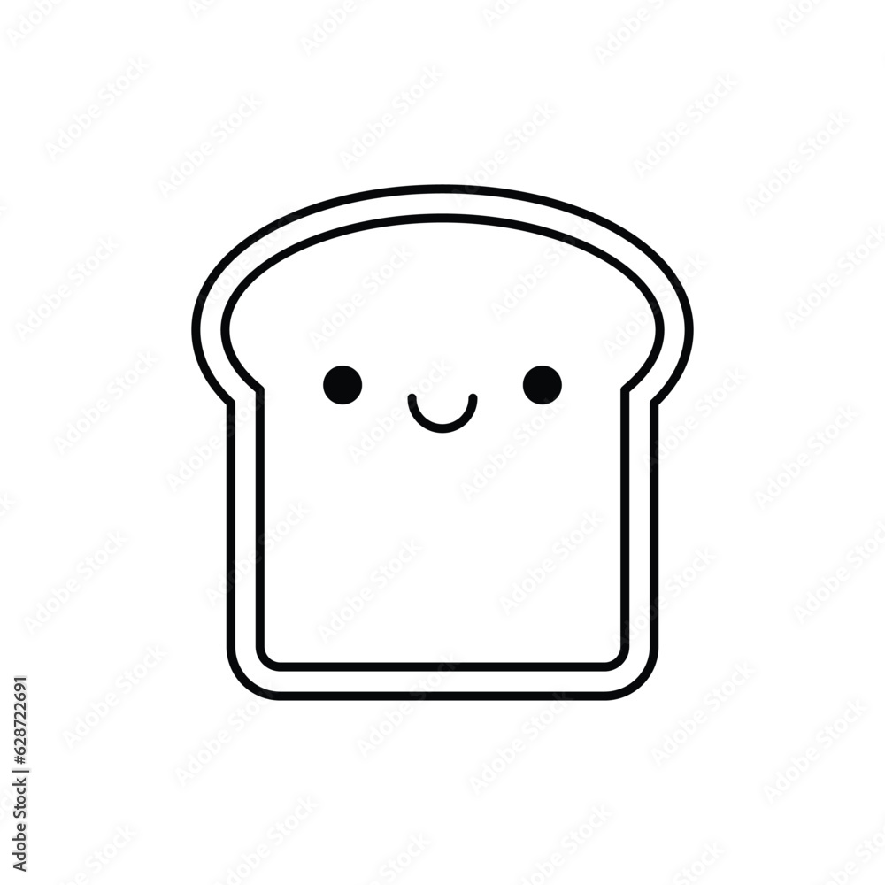 Cute smiling slice toast bread character line icon. Coloring book for children. Vector illustration in outline style. Cute smiling slice toast bread character line icon. Coloring book for children. Vector illustration in outline style.