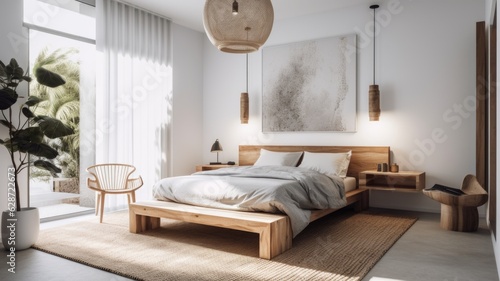 Bedroom decor, home interior design . Scandinavian Minimalist style with Statement Pendant decorated with Wood and White Walls material . Generative AI AIG26. photo