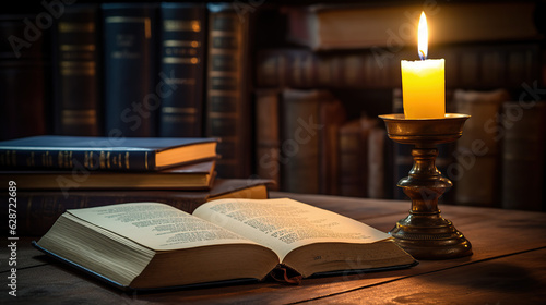 On a wooden table, there lies an aged candle, while old books serve as the backdrop, evoking a photo in my portfolio.