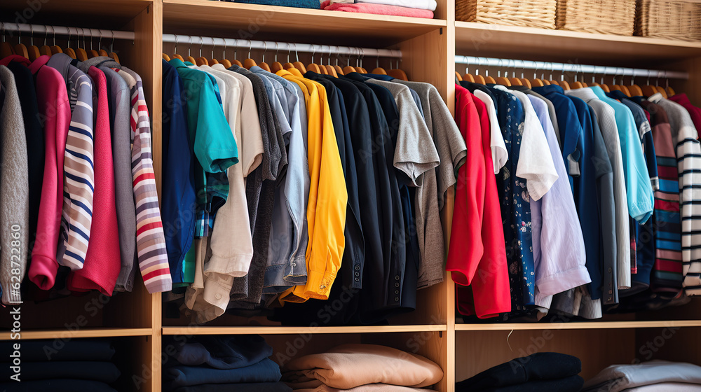 A wardrobe filled with a variety of men's and women's clothes.