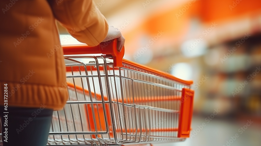 Captured in a close-up shot, a woman's hand is seen doing grocery shopping at the supermarket, pushing a shopping cart.