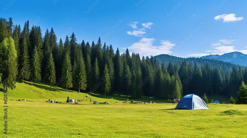  a tourist camp is situated on a green meadow with fresh grass.  illustrating an active lifestyle, outdoor activity, vacation, sports, and recreation concept.