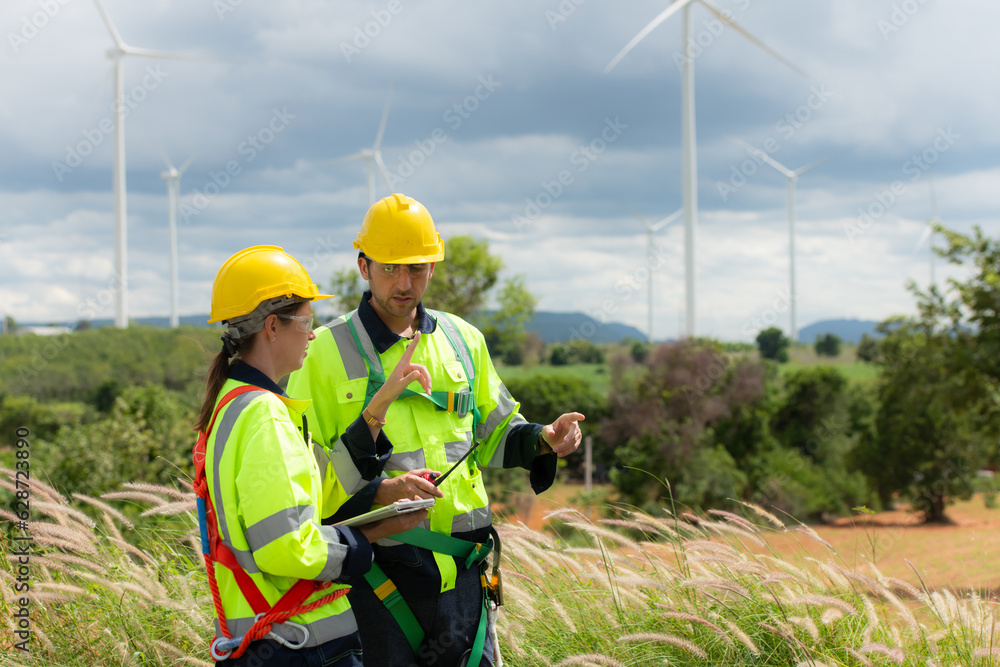 Engineer and worker discussing the project on the background of wind turbines Engineer and worker discussing the project on the background of wind turbines