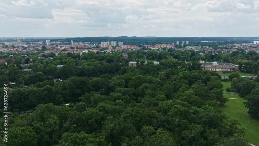 Drone shot of Sanssouci Park surrounding Sanssouci Palace in Potsdam, Germany Drone shot of Sanssouci Park surrounding Sanssouci Palace in Potsdam, Germany