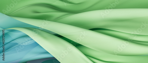 Green and blue curtain with squiggly folds. Transparent fabric rippling in wind.