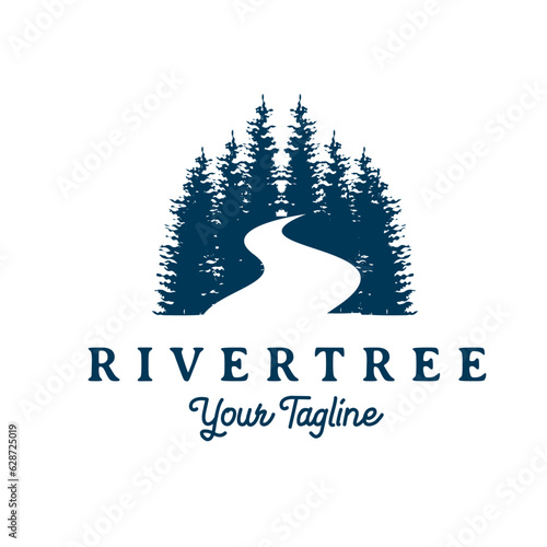 Hemlock Fir Forest Pine Tree with river river logo design vector. Vintage Retro design.