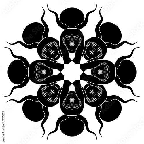 Round star shape ethnic mandala with heads of ancient Egyptian goddess Hathor with animal horns and solar disks. Black and white silhouette.