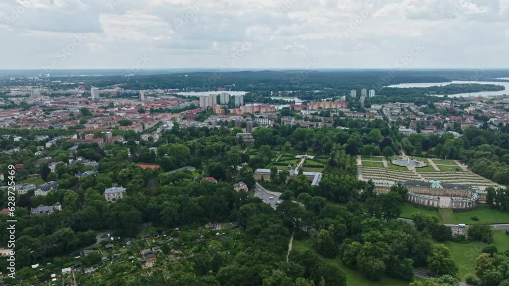 Drone shot of Sanssouci Park surrounding Sanssouci Palace in Potsdam, Germany Drone shot of Sanssouci Park surrounding Sanssouci Palace in Potsdam, Germany