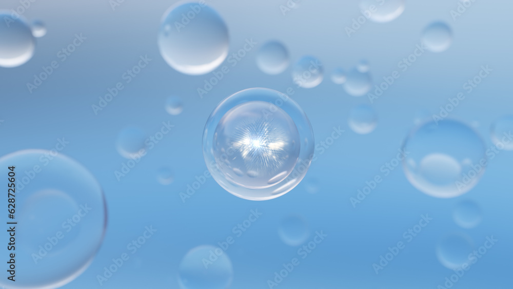 Drops of cosmetic moisturizer on a blue background. water bubbles on an abstract science background. cosmetic design magic bubble. 3D rendering