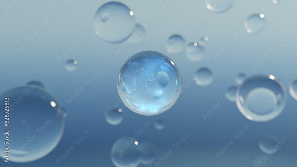 3D cosmetic rendering Blue Bubbles of serum on a blurry background. Design of collagen bubbles. Essentials of Moisturizing and Serum Concept. Vitamin for beauty and health concept. 