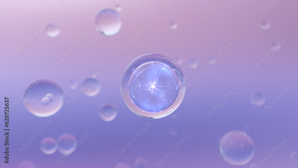 3D cosmetic rendering Bubbles of serum on a blurry background. Design of collagen bubbles. The concept for Moisturizing Cream and Serum. Vitamins idea for health and beauty.