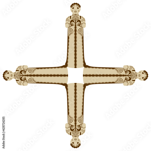 Square cross shape design with four figurines of Mycenaean mother goddess. Feminist symbol. Archaic ancient Greek women. Isolated vector illustration.