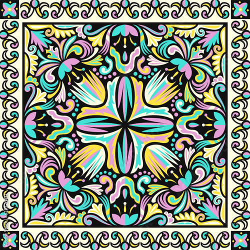 vector contemporary colorful floral and leaves vintage scarf pattern on black