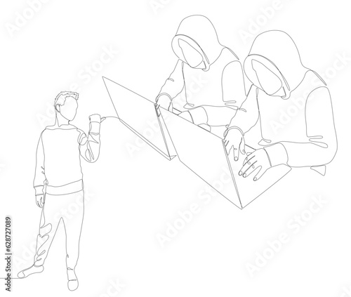 One continuous line of Man pointing with finger at Hacker, Men using Laptop. Thin Line Illustration vector concept. Contour Drawing Creative ideas.