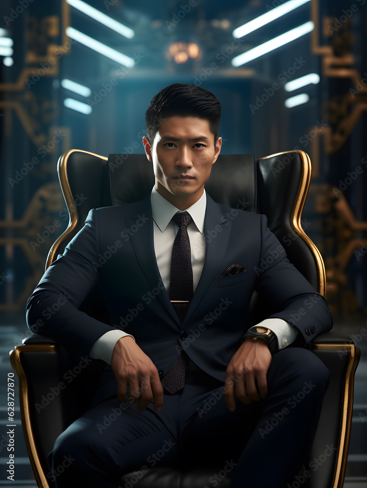 Close up shot of handsome Asian businessman in black suit sitting confidently.