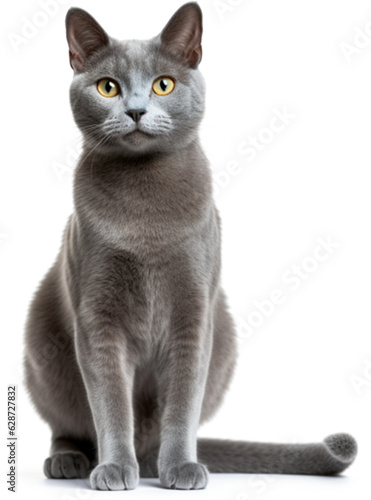 Russian blue cat, smiling face, full body, standing, high resolution on a white background file png