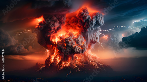 Eruption volcano terrible disaster nature, Mountain Red light dark clouds ash sky