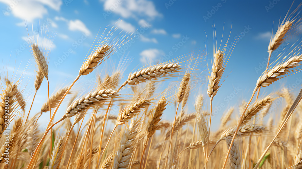 View of golden wheat field with blue sky in background View of golden wheat field with blue sky in background