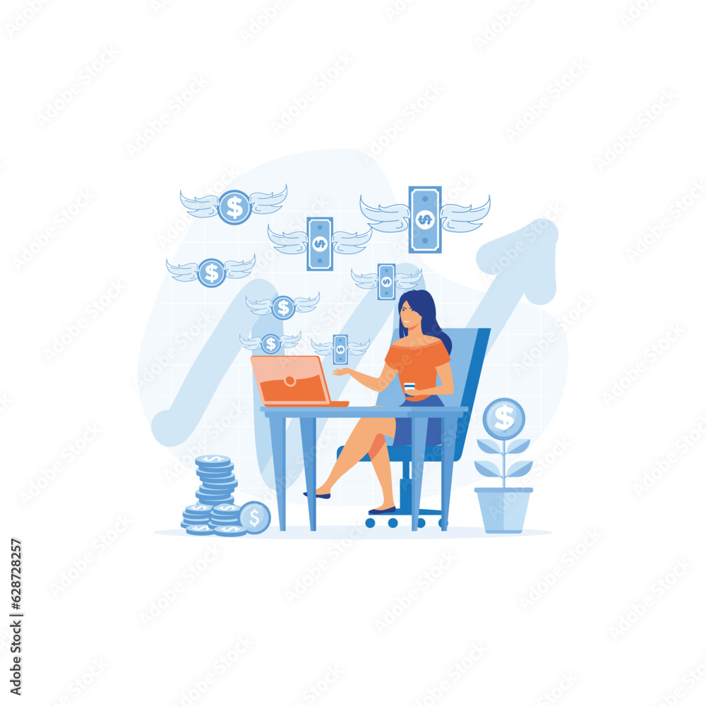 Passive income, woman relaxing in front of computer while money raining down. flat vector modern illustration