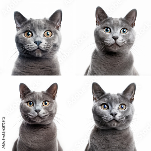 Russian blue cat, smiling face, full body, standing, high resolution on a white background