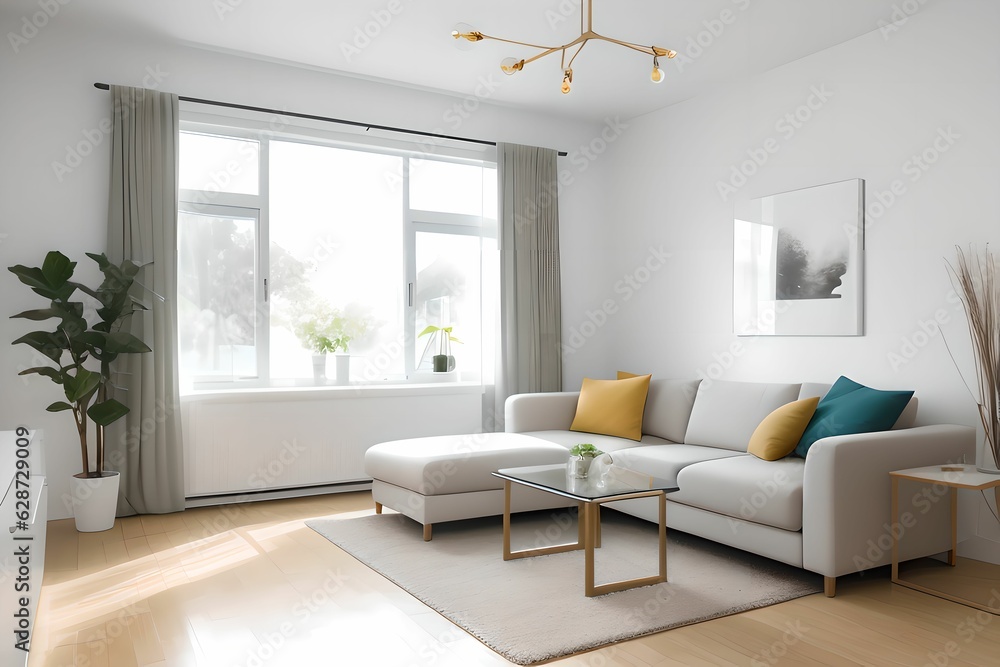 Fototapeta premium Cozy living room interior design with a modern atmosphere. Sunlight and windows. Generative AI