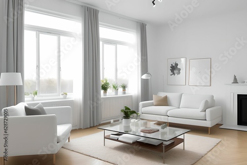 Cozy living room interior design with a modern atmosphere. white sofa  Sunlight and windows. Generative AI