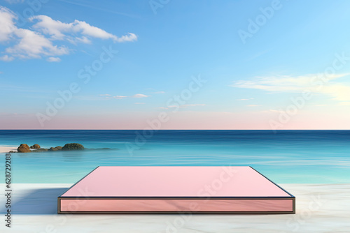pastel color platform display for show product on sand beach in style of minimalist Generative ai