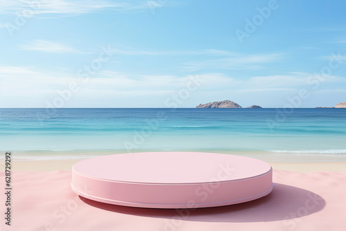 pastel color platform display for show product on sand beach in style of minimalist Generative ai