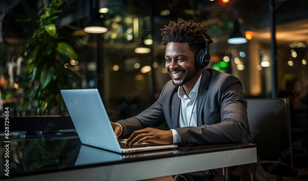 a young businessman sitting at a desk in his office, wearing a headset, and smiling while engaged in a video call on his laptop a young businessman sitting at a desk in his office, wearing a headset, and smiling while engaged in a video call on his laptop