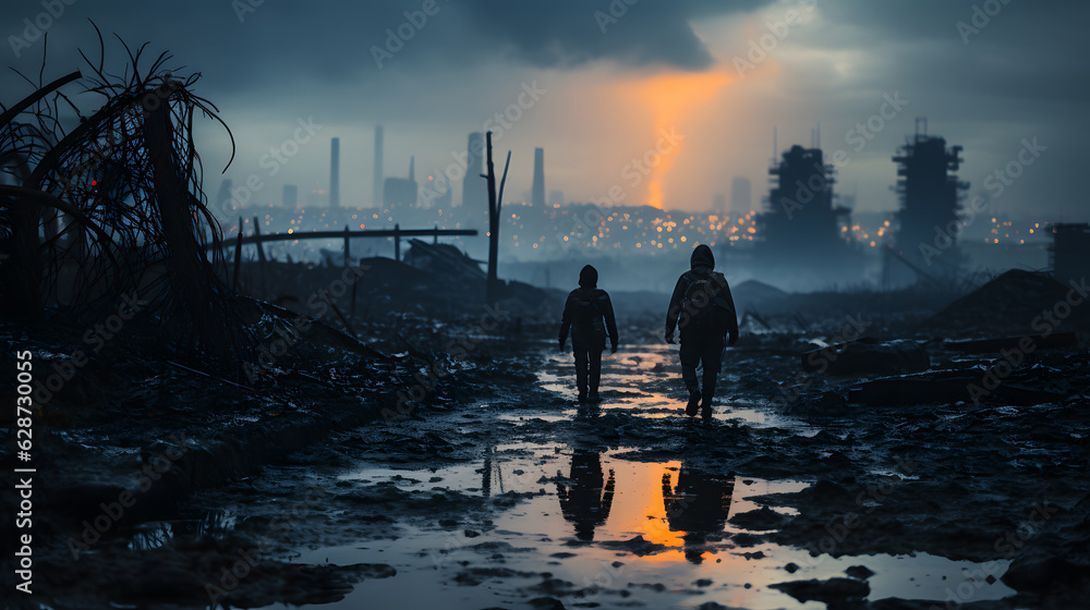 the last two people walked towards the ruined city