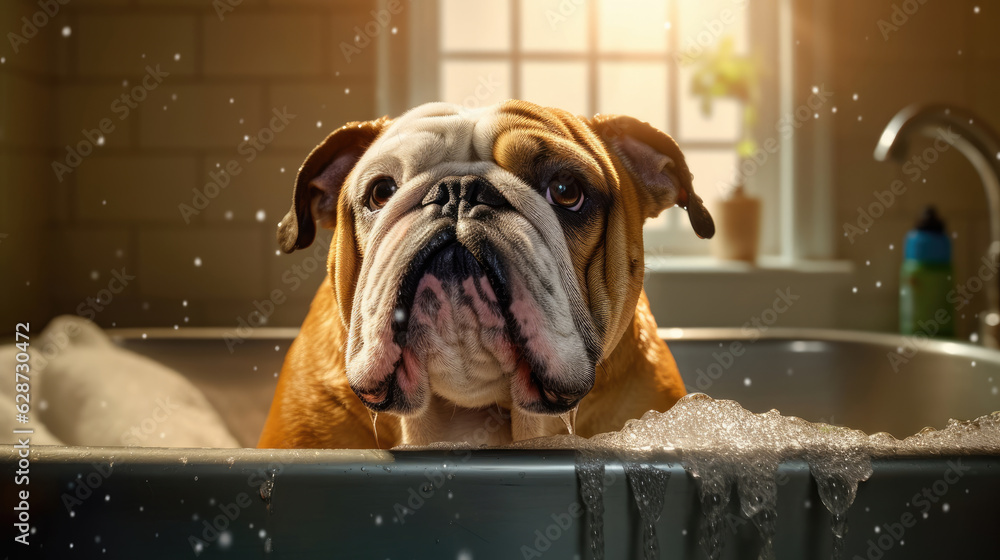 The joyful expression of a bulldog as it enjoys a relaxing bath in the bathroom bathtub