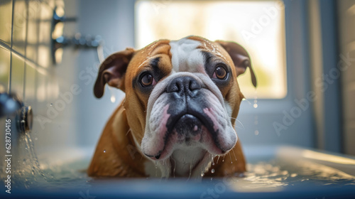 The joyful expression of a bulldog as it enjoys a relaxing bath in the bathroom bathtub