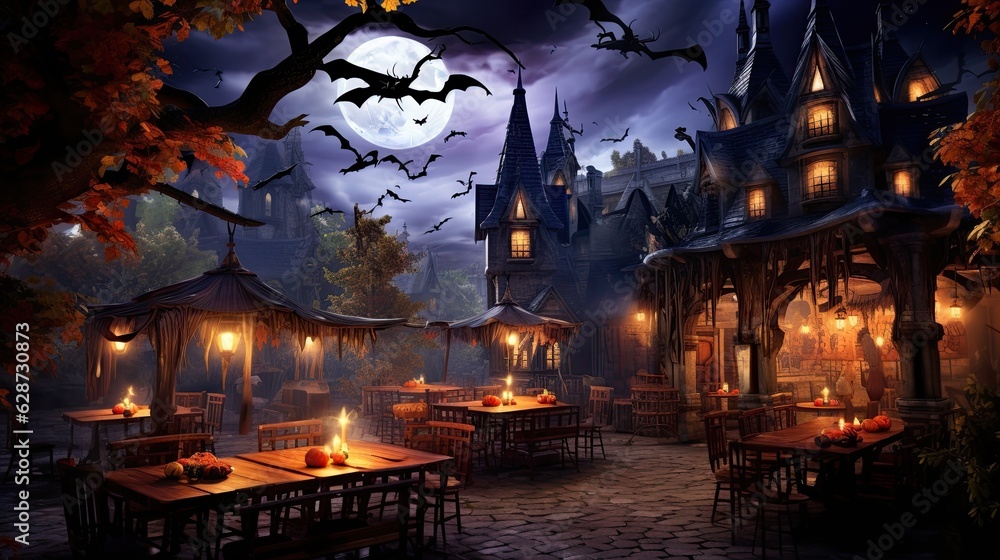 Rustic coffee house transformed into a Halloween wonderland. Enjoy your coffee amidst spooky decor.