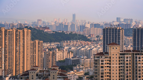 city skyline at sunset, Fuzhou China