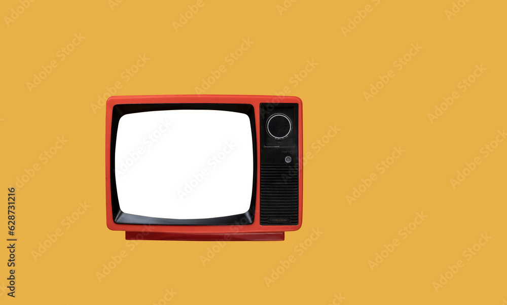 Retro red old TV with white screen isolated on yellow background with clipping path Retro red old TV with white screen isolated on yellow background with clipping path
