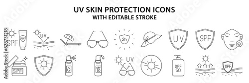 UV protection Icons. UV skin Protection icon set. SPF icons. Sunblock Line Icons. Sunscreen. Vector Illustration. Editable Stroke.