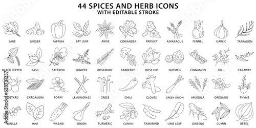 Spices And Herbs icons. Spices icon set. Herb icon set. Line icons. Vector Illustration. Editable Stroke.