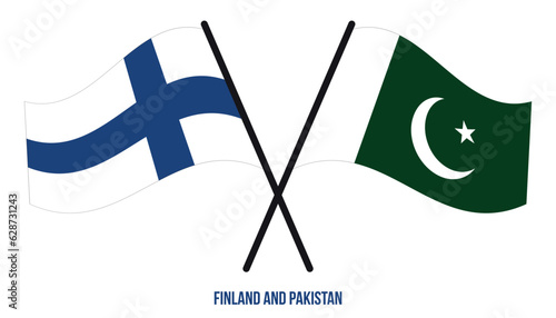 Finland and Pakistan Flags Crossed And Waving Flat Style. Official Proportion. Correct Colors.