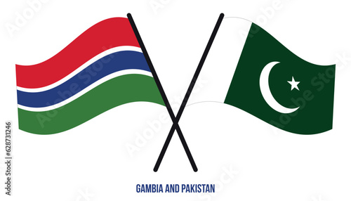 Gambia and Pakistan Flags Crossed And Waving Flat Style. Official Proportion. Correct Colors.